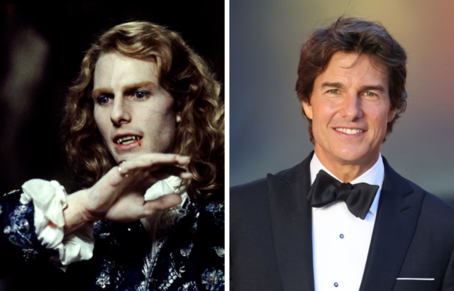 Side by side of Tom Cruise as Lestat de Lioncourt and at a 2022 event