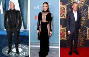 Three colored photos side by side of Vin Diesel in a suit, Jennifer Lopez in a black dress, and Tom Hanks in a black suit.