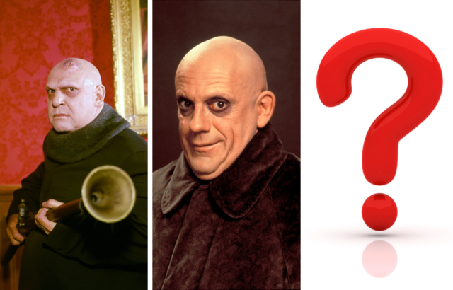 Two headshots of Uncle Fester, and a question mark