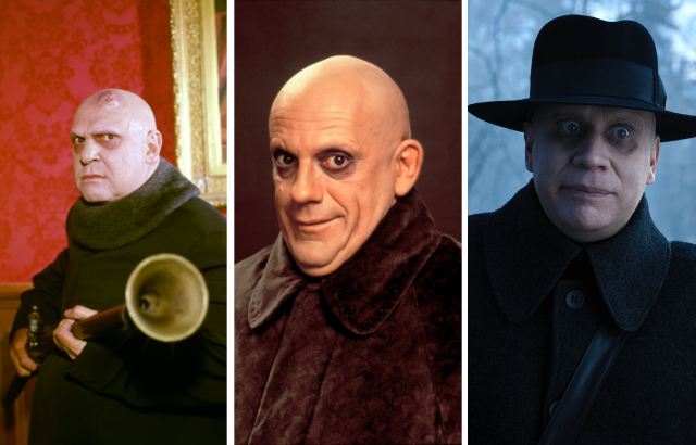 Three different headshots of actors playing Uncle Fester