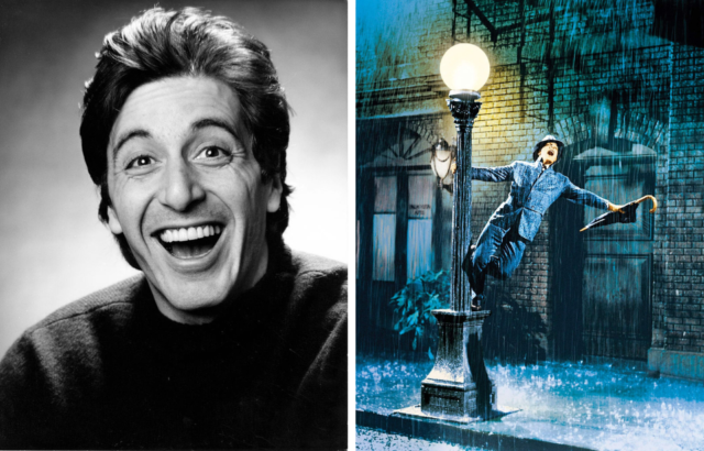 Black and white photo of Al Pacino smiling at the camera beside a colored movie still of Gene Kelly dancing on a lamp post in Singin' in the Rain