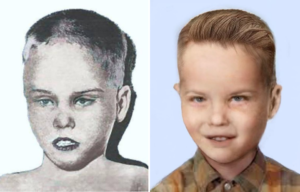 Artist's reconstruction of the Boy in the Box's face + Artist's rendering of how the Boy in the Box might have looked when alive