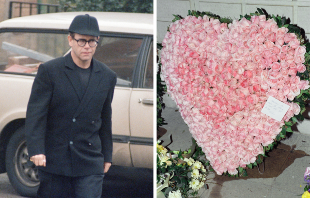 Elton John, and the floral tribute he brought, at Freddie Mercury’s funeral at West London Crematorium, 27th November 1991. (Photo Credit: Nigel Wright / Mirrorpix / Getty Images and Photo by Nigel Wright / Mirrorpix / Getty Images)