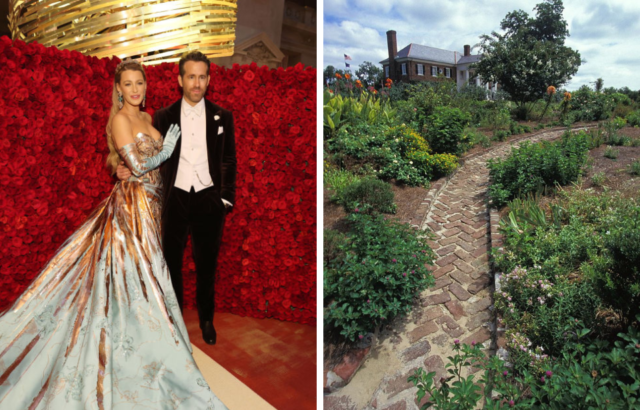 Left: Ryan Reynolds and Blake Lively; Right: the path leading up to the mansion on the Boone Hall plantation estate.
