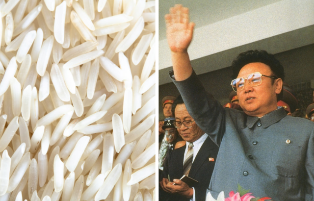 Side by side photo of rice and Kim Jong-Il