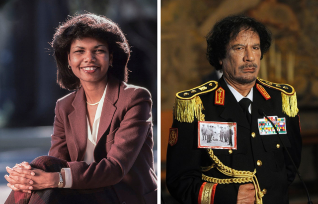 Side by side portraits of Condoleeza Rice and Muammar Gaddafi