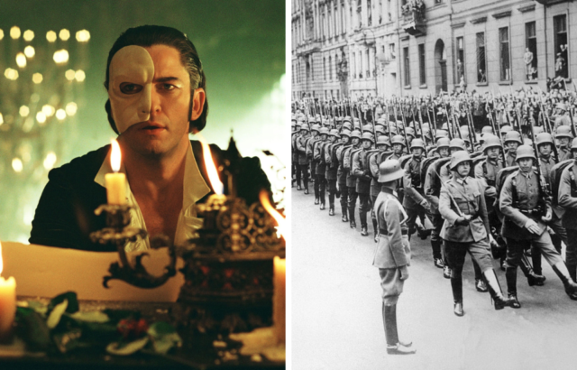 Side by side images of the Phantom of the Opera and the German army