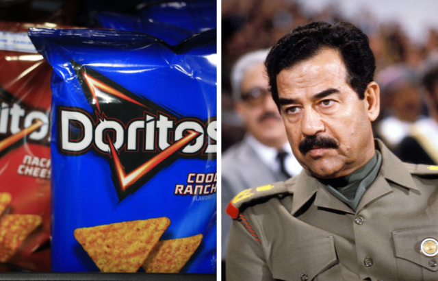Side by side images of Doritos and Saddam Hussein