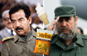 Saddam Hussein and Fidel Castro next to Doritos and an ice cream cone