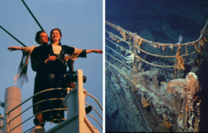 Side by side photo of Titanic's bow in the 1997 film 'Titanic' and the wreckage underwater