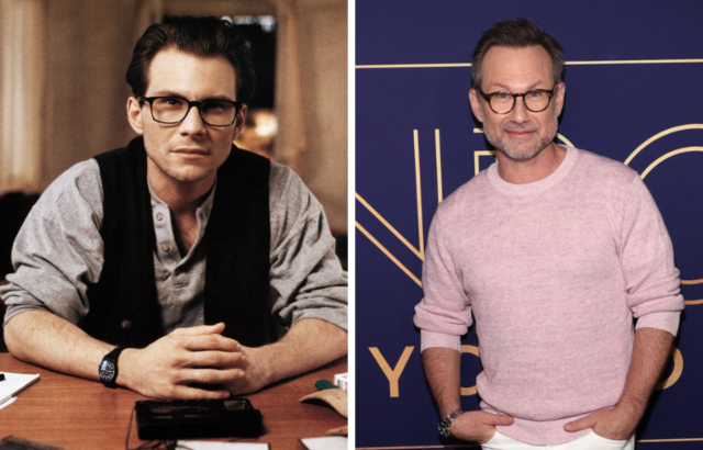 Side by side of Christian Slater in the 1994 film and in 2022