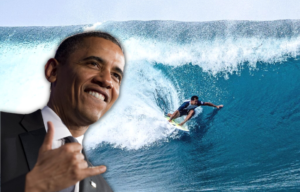 A surfer catches a wave and Obama uses the shaka gesture