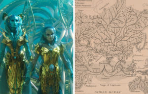 Side by side images of "Lemurian" people and a map of Lemuria