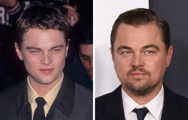 Side by side images of Leonardo DiCaprio in 1998 and 2021