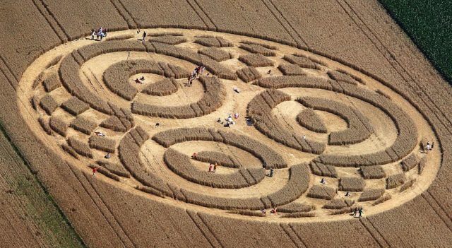 Arial view of a large, detailed crop circle with three rings in a hay field.