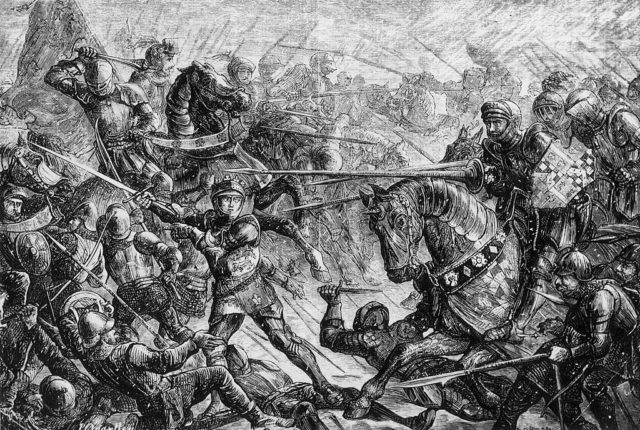 Black and white drawing of horses and knights in a battle. 