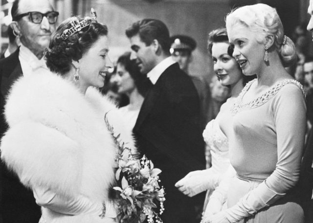 Jayne Mansfield chatting with Queen Elizabeth II