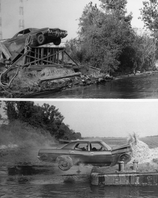 A car flys of a bridge and crashes onto a boat for the film White Lightning