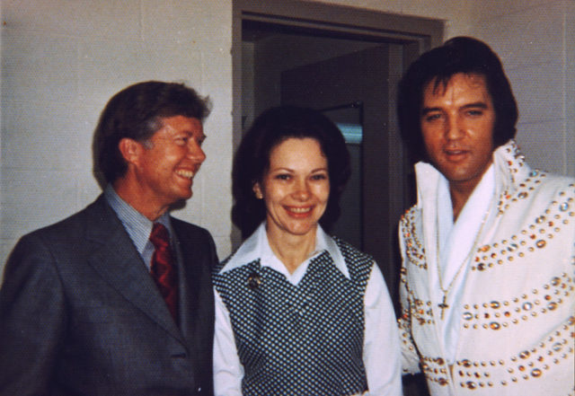 Colored photo of Jimmy and Eleanor Carter with Elvis Presley