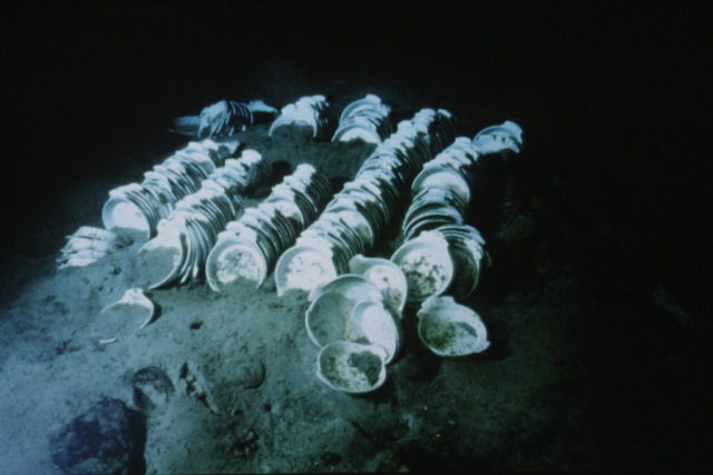 Dishes lined up on the ocean floor