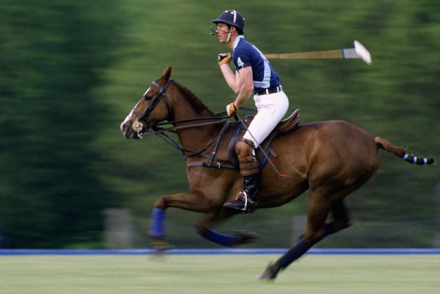Colored photo of Prince Charles in motion on a brown horse during a polo match.