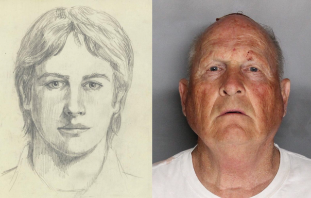 Artist's rendering of the Golden State Killer + Joseph DeAngelo's mugshot