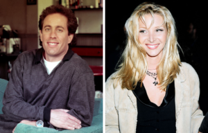 Colored photos side by side of Jerry Seinfeld and Lisa Kudrow, both smiling.