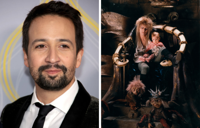 Colored photo of Lin Manuel Miranda in a black suit beside a movie still of David Bowie holding a baby in Labyrinth.