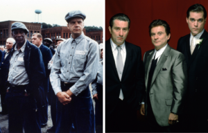 Colored photo of Tim Robbins and Morgan Freeman in prison uniforms beside a photo of Robert De Niro, Ray Liotta and Joe Pesci in suits.