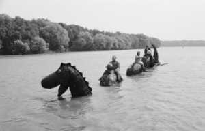 Black and white photo of a fake serpent like monster in water, with three men riding on it.