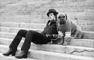 Black and white photo of Sylvester Stallone sitting on concrete steps beside a dog in a football jersey.