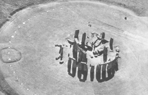 Arial view of Stonehenge and its shadows.