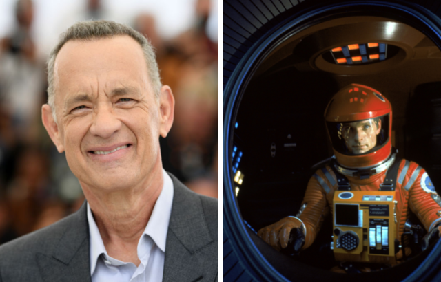 Colored photo of Tom Hanks in a suit smiling, beside a movie still of Kier Dullea in a space suit.