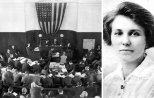 Side by side photo of a busy courtroom and a headshot of Eleanor Mills