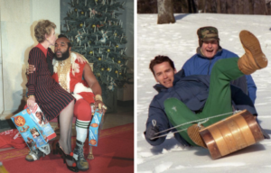 Side by side images of Nancy Reagan sitting on Mr. T's lap while he is dressed like Santa, and George H.W. Bush and Arnold Schwarzenegger on a toboggan.