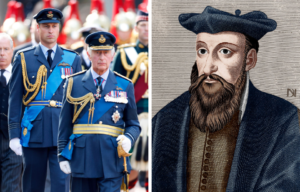 Side by side photos of Prince William and King Charles in military dress, and Nostradamus.