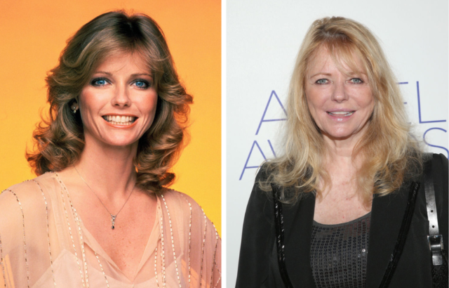 Side by side photos of young Cheryl Tiegs smiling at the camera, and Cheryl Tiegs now wearing a black shirt and jacket. 