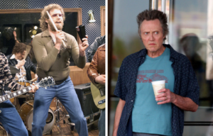 Will Ferrell playing a cowbell, beside Christopher Walken scowling while holding a takeout cup.