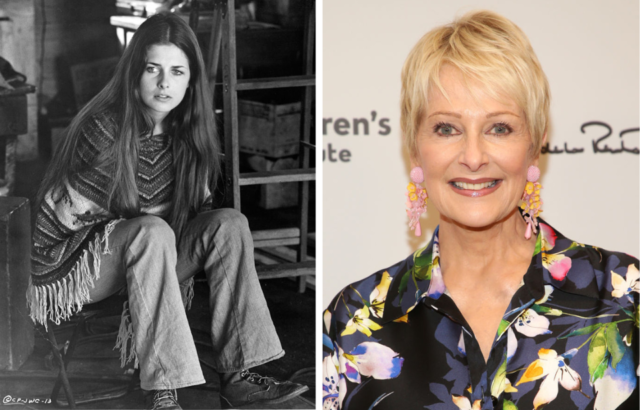 Side by side photos of young Cristina Ferrare sitting down wearing a poncho, and Cristina Ferrare now with short blonde hair and a floral collared shirt.