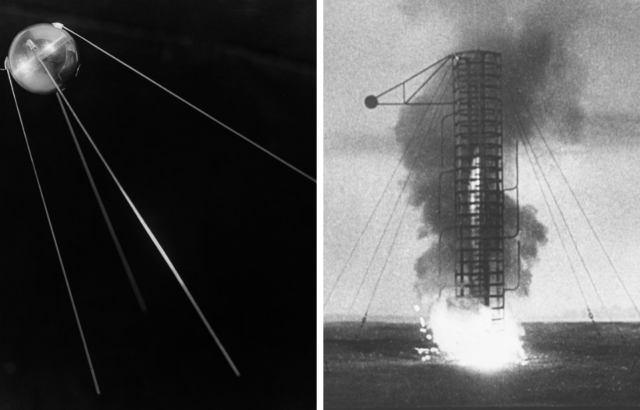 Side by side images of the Sputnik I satellite and the launch of Sputnik II