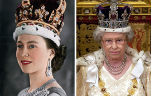 Side by side images of the Queen on her coronation day and in recent years