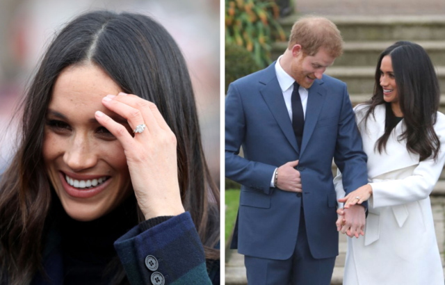 Side by side images of Meghan Markle's engagement ring and engagement photo