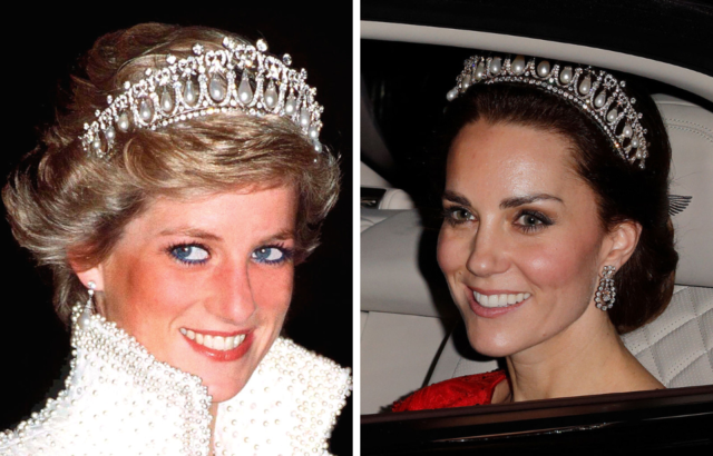 Side by side of Princess Diana and Kate Middleton wearing the Cambridge Lover's Knot tiara