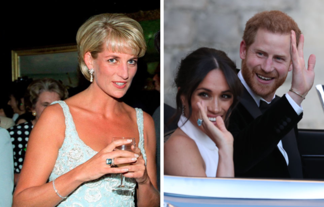 Side by side of Princess Diana and Meghan Markle wearing the same aquamarine ring