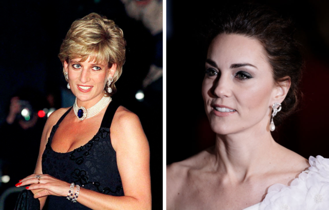 Princess Diana and Kate Middleton wearing the same diamond and pearl earrings