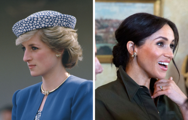 Side by side of Princess Diana and Meghan Markle wearing the same butterfly earrings