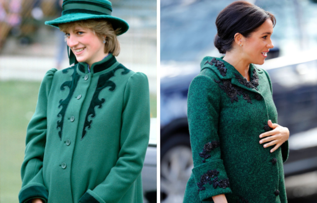 Princess Diana and Meghan Markle wearing similar green coats while pregnant