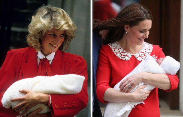 Princess Diana and Kate Middleton wearing similar outfits after the birth of their youngest children