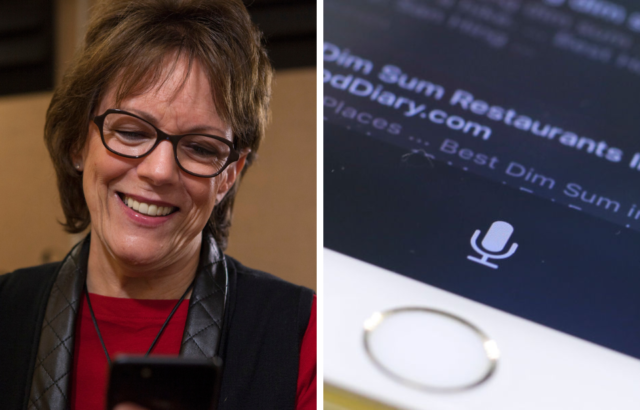 SIde by side images of Susan Bennett and an iPhone