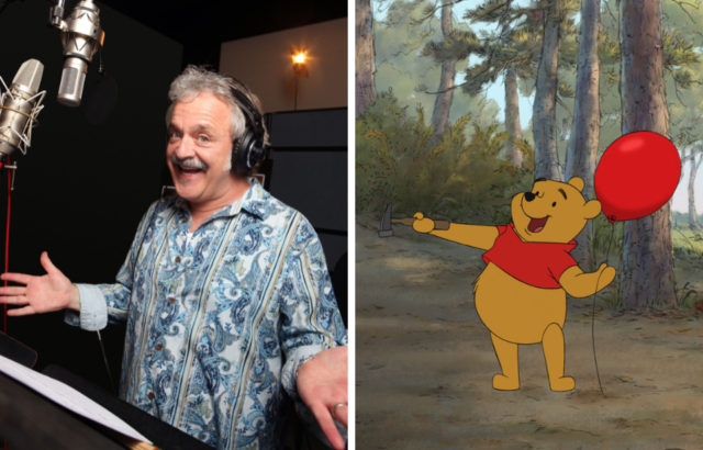 Side by side images of actor Jim Cummings and character Winnie the Pooh